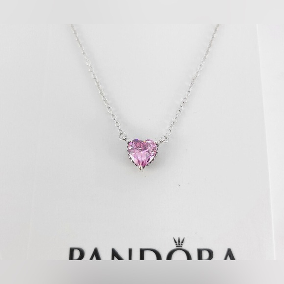 NWT Pandora Pink Sparkling Heart Halo Pendant Collier Silver Necklace - Main Image